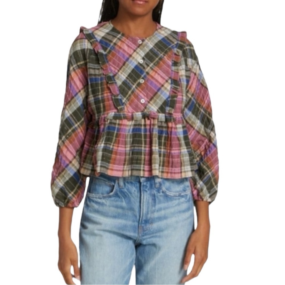 VERONICA BEARD Katalina Plaid Peplum Top Olive Pink Size 10